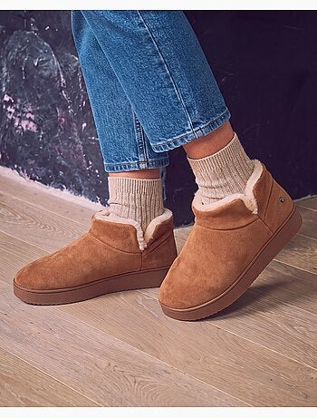Chaussons bottillons dessus en cuir, semelle plateforme femme isotoner