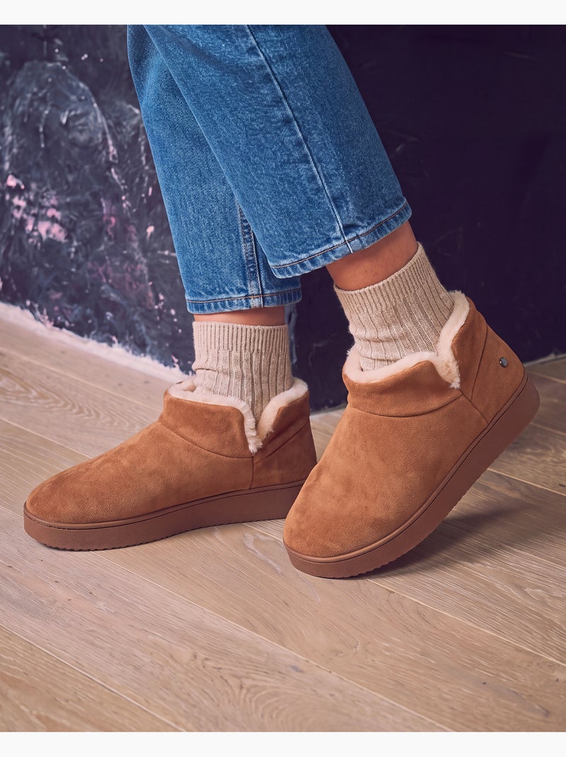 Chaussons bottillons dessus en cuir, semelle plateforme femme isotoner Camel - Kiabi