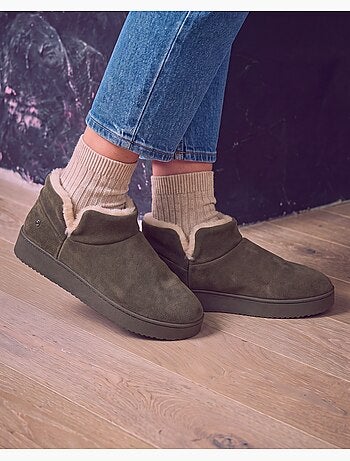 Chaussons bottillons dessus en cuir, semelle plateforme femme isotoner