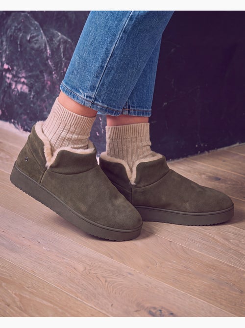 Chaussons bottillons dessus en cuir, semelle plateforme femme isotoner - Kiabi