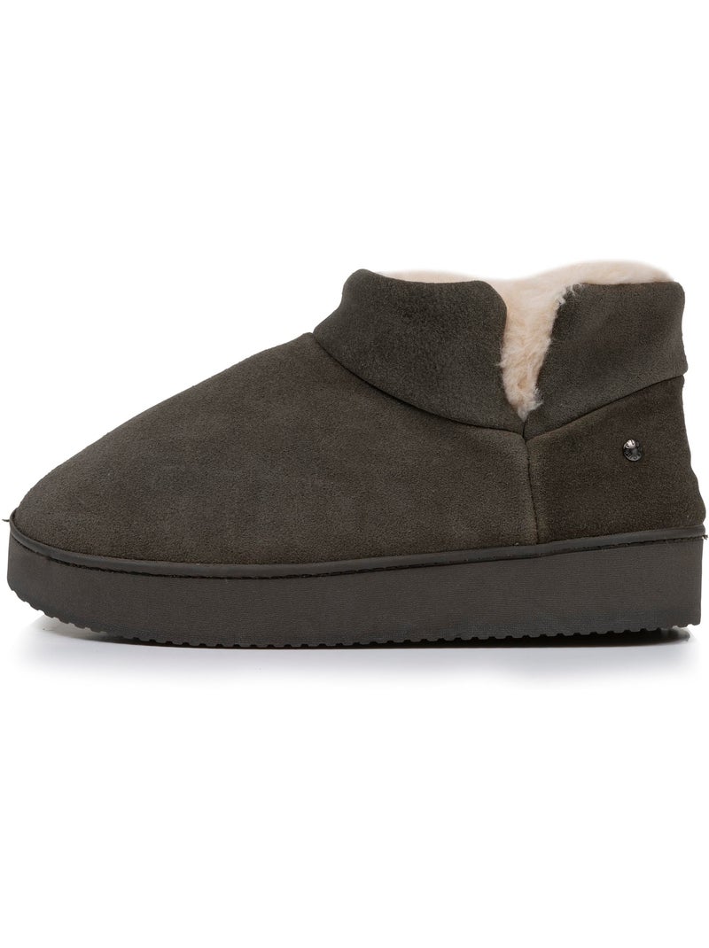 Chaussons bottillons dessus en cuir, semelle plateforme femme isotoner Kaki - Kiabi