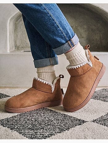 Chaussons bottillons maille bouclette - semelle crantée femme