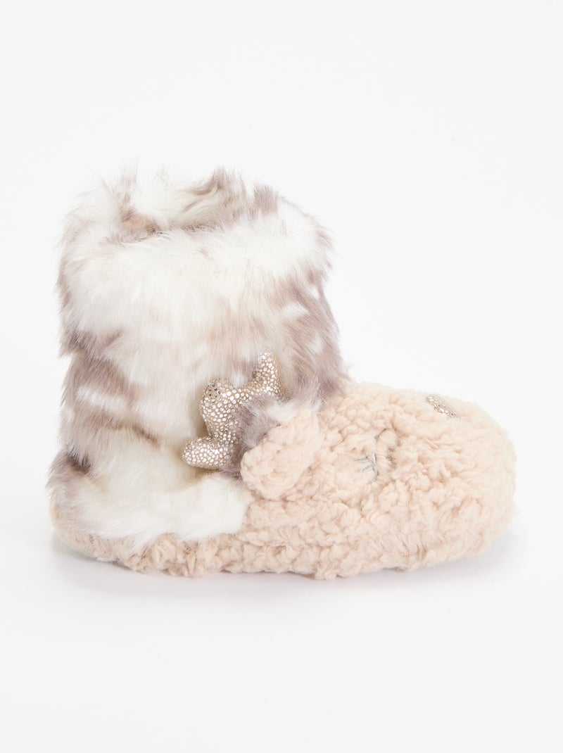 Chaussons bottines en bouclette 'renne' Beige - Kiabi