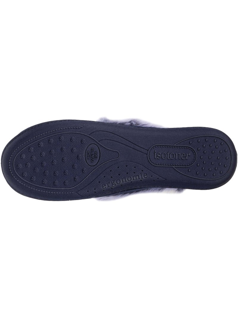 Chaussons charentaises détails fausse fourrure femme isotoner Bleu marine - Kiabi