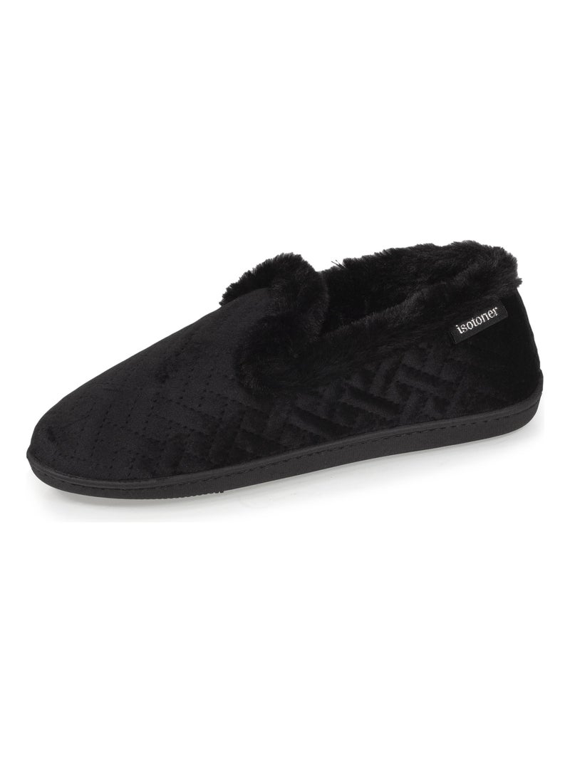 Chaussons charentaises en velours ultra doux, bordure imitation fourrure femme Isotoner Noir - Kiabi