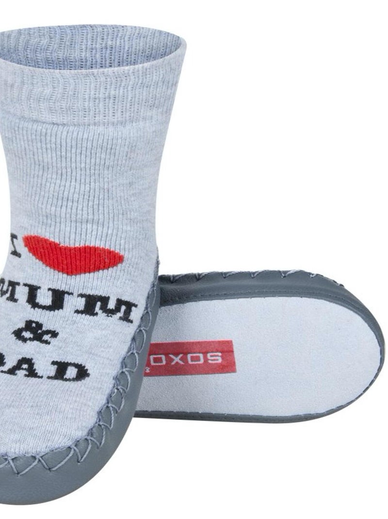 Chaussons chaussettes bébé avec semelle en cuir,  I love Mum & Dad Gris - Kiabi