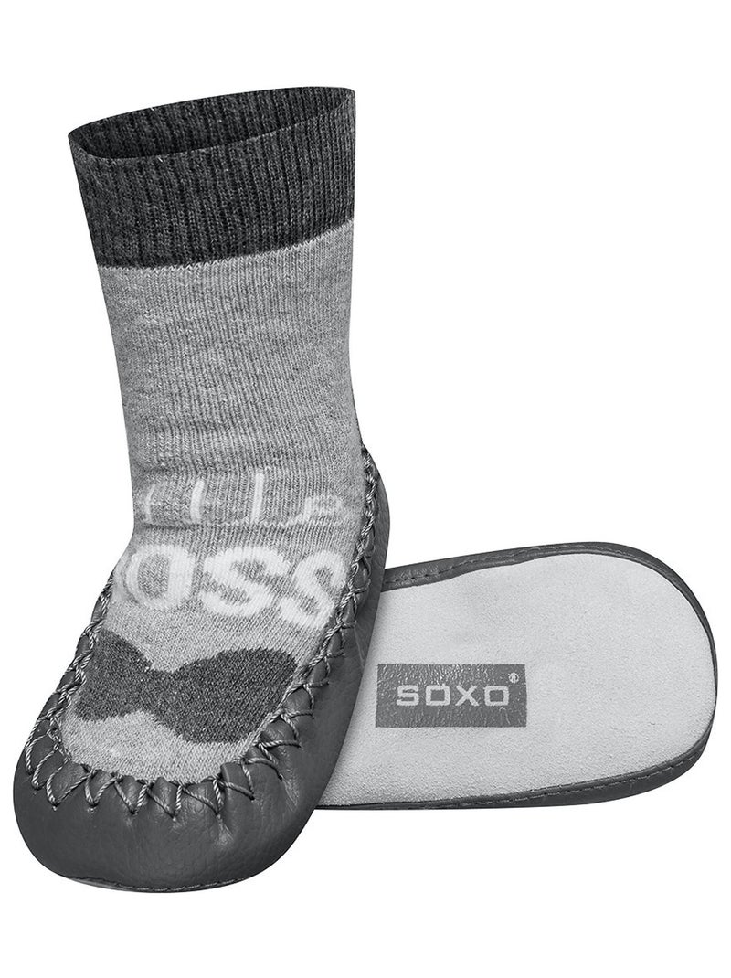 Chaussons chaussettes bébé avec semelle en cuir,  Little Boss Gris - Kiabi