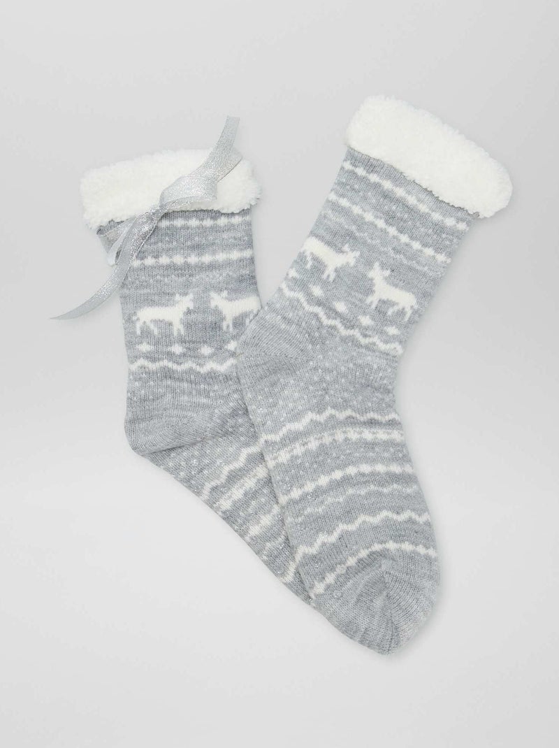 Chaussons chaussettes fourrées en velours Gris Noël - Kiabi