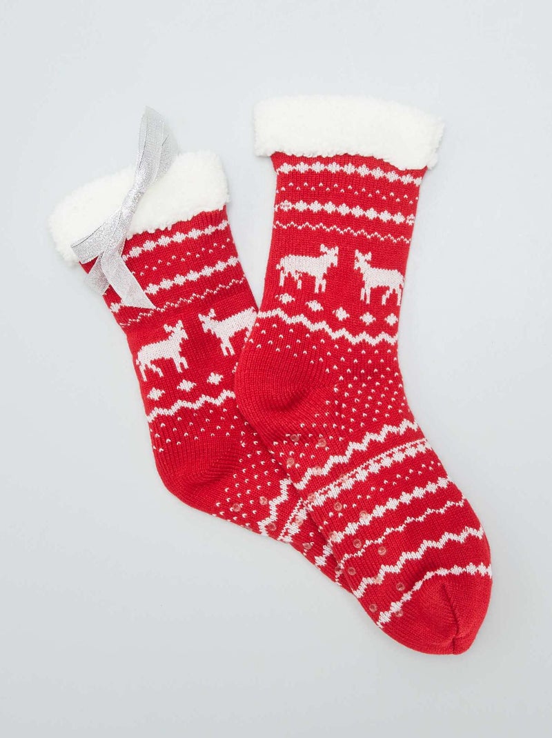 Chaussons chaussettes fourrées en velours Rouge chevrons - Kiabi