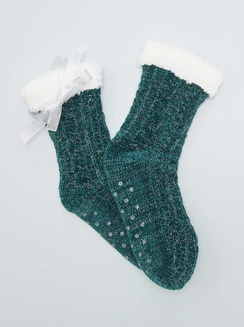 Chaussons chaussettes fourrées en velours Vert - Kiabi