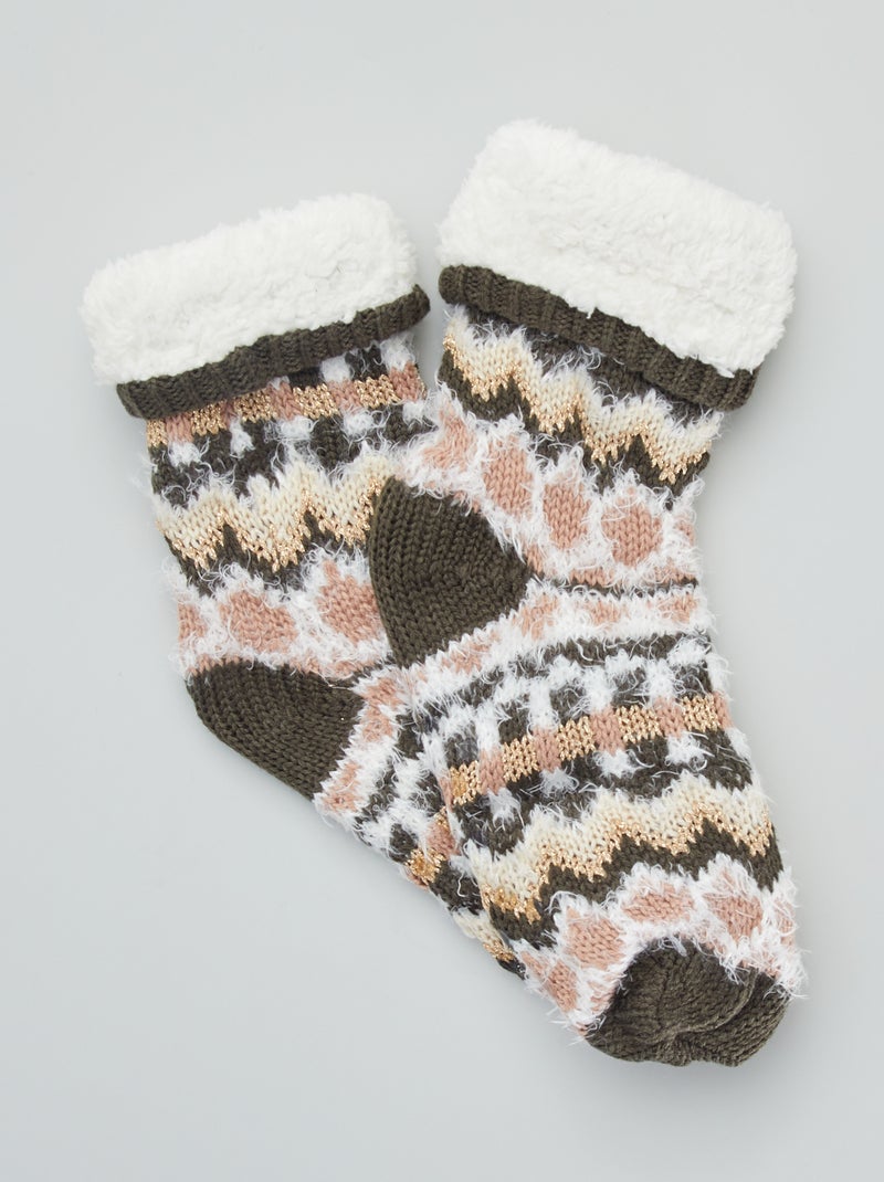 Chaussons chaussettes matière jacquard Kaki - Kiabi