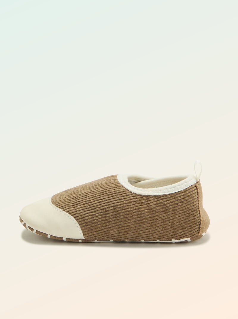 Chaussons côtelés à scratchs - Motricité 2 '4 pattes' - 'Kitchoun' Kaki - Kiabi