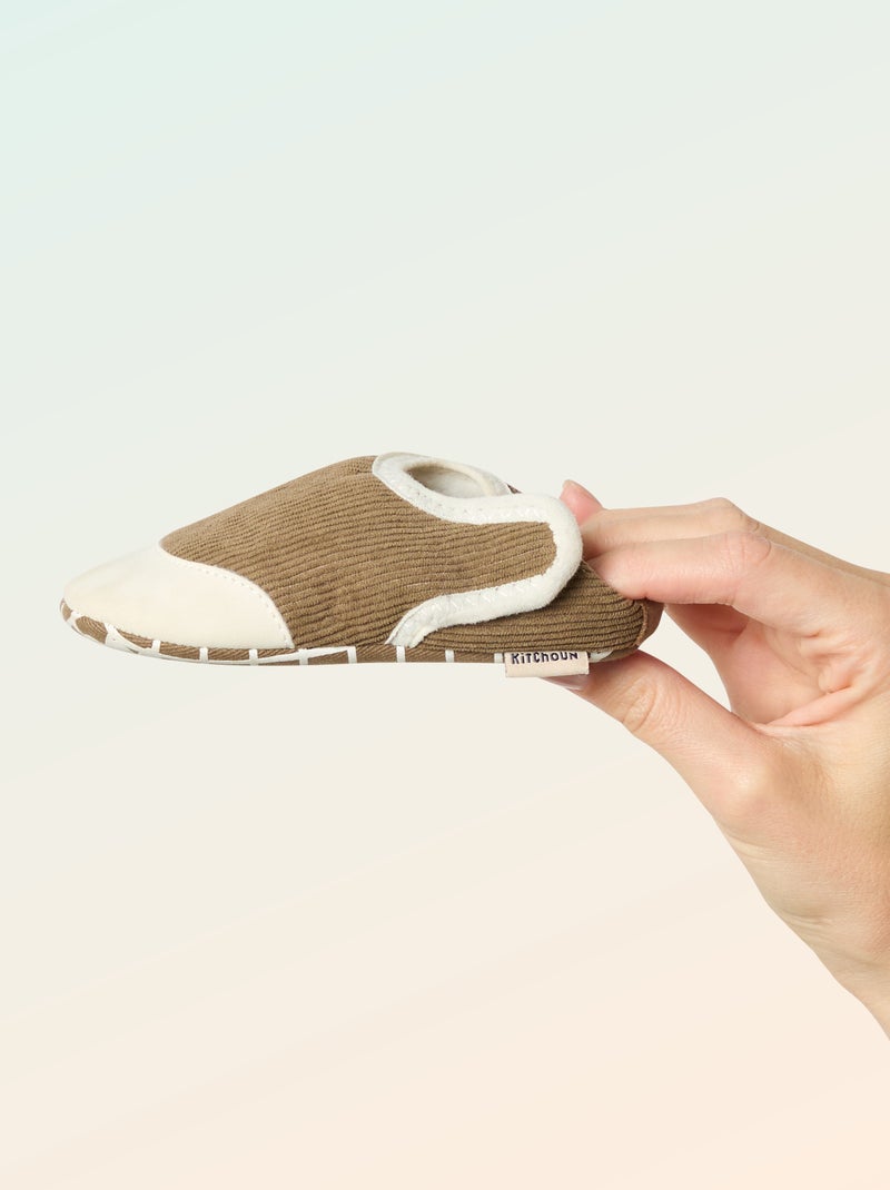Chaussons côtelés à scratchs - Motricité 2 '4 pattes' - 'Kitchoun' Kaki - Kiabi