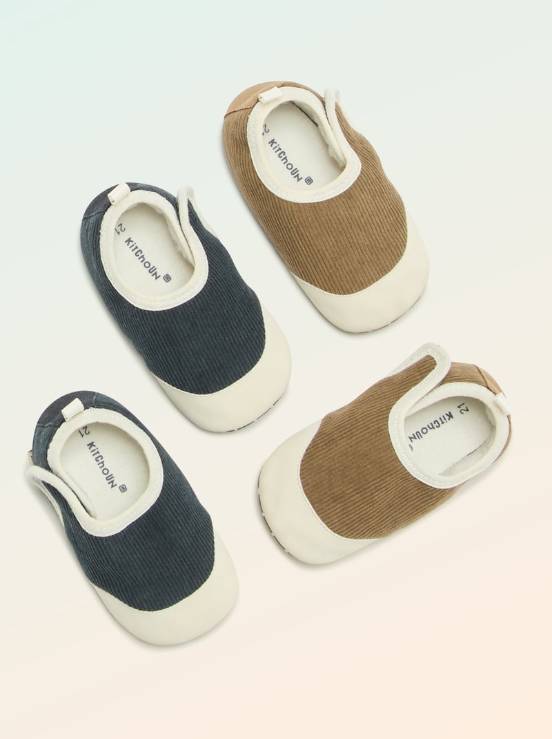 Chaussons côtelés à scratchs - Motricité 2 '4 pattes' - 'Kitchoun' Kaki - Kiabi