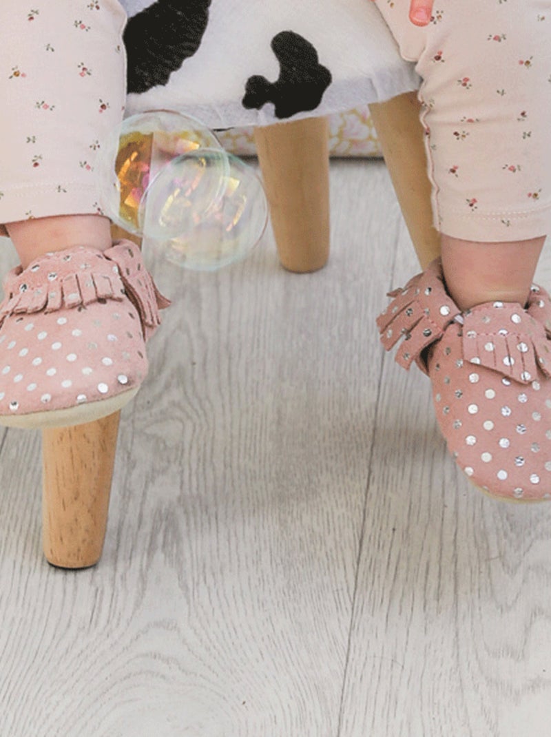 Chaussons cuir souple à franges à pois Rose - Kiabi