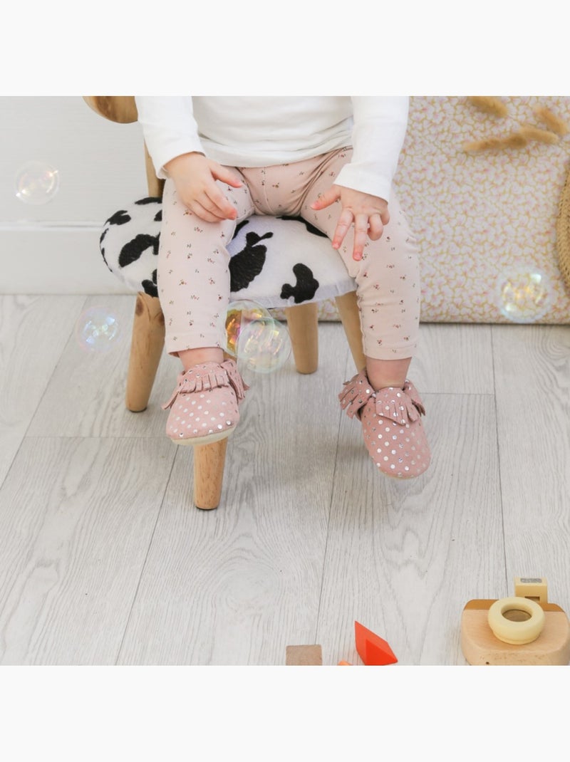 Chaussons cuir souple à franges à pois Rose - Kiabi