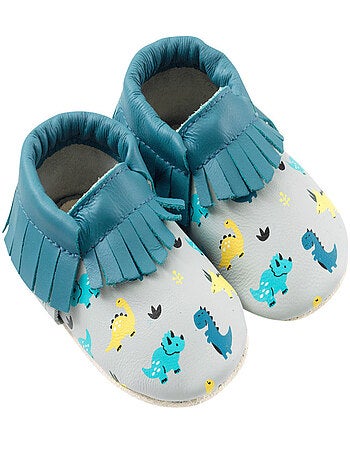 Chaussons cuir souple à franges dinosaures