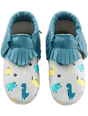 Chaussons cuir souple à franges dinosaures