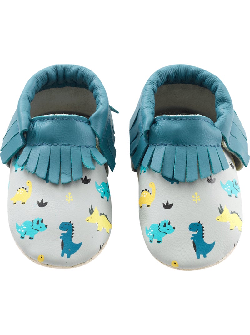Chaussons cuir souple à franges dinosaures Bleu - Kiabi