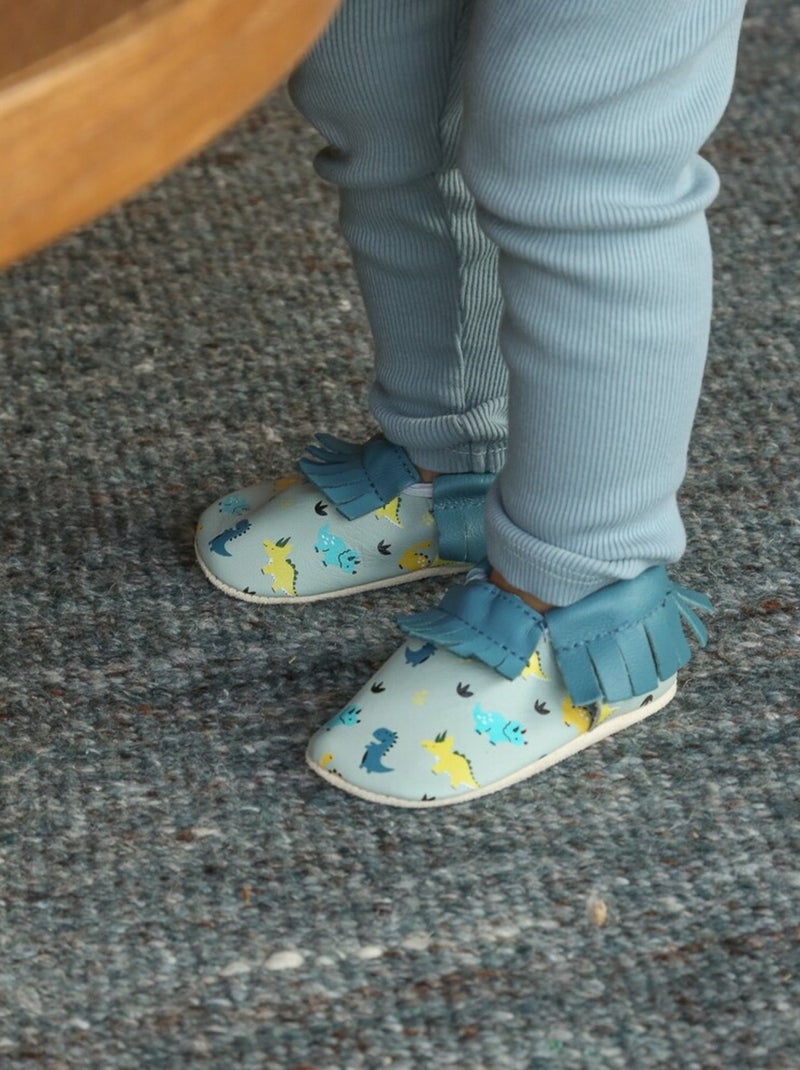Chaussons cuir souple à franges dinosaures Bleu - Kiabi