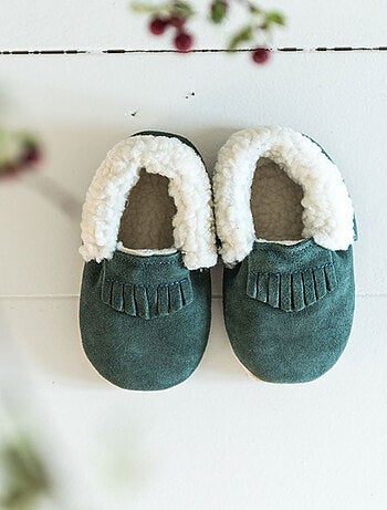 Chaussons cuir souple à franges fourrés Frangin
