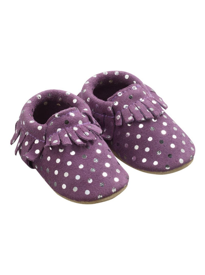 Chaussons cuir souple à franges prune à pois Violet prune - Kiabi