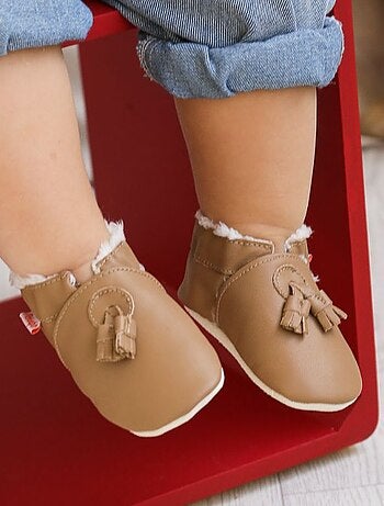 Chaussons cuir souple fourrés à pampilles