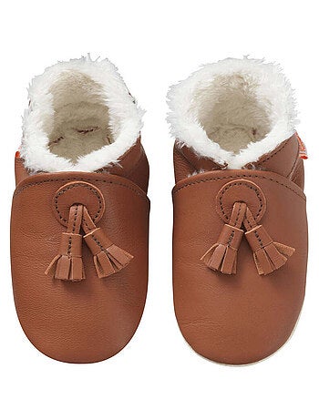 Chaussons cuir souple fourrés à pampilles