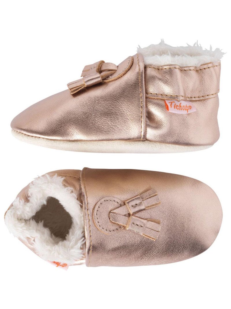 Chaussons cuir souple fourrés à pampilles Rose - Kiabi