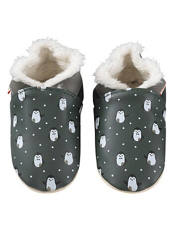 Chaussons cuir souple fourrés Célestin les pingouins