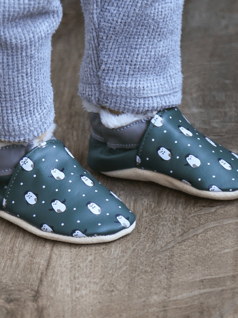 Chaussons cuir souple fourrés célestin les pingouins Vert - Kiabi