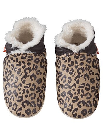 Chaussons cuir souple fourrés Elie les léopards