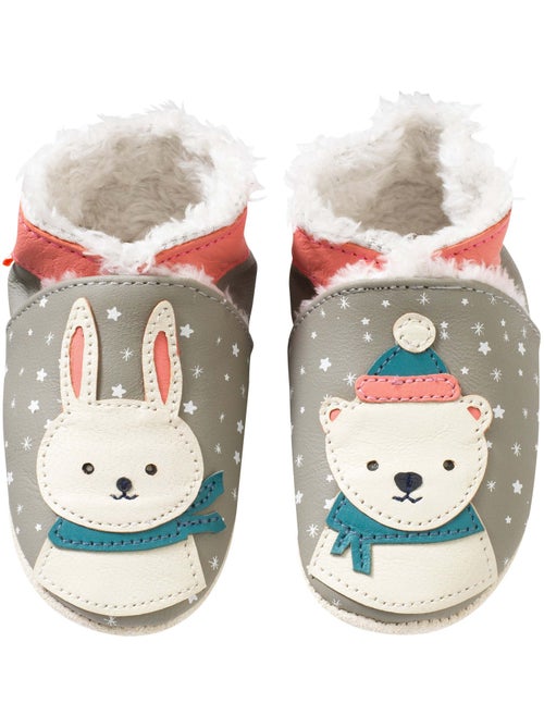 Chaussons cuir souple fourrés Lilou et Léa sous la neige - Kiabi