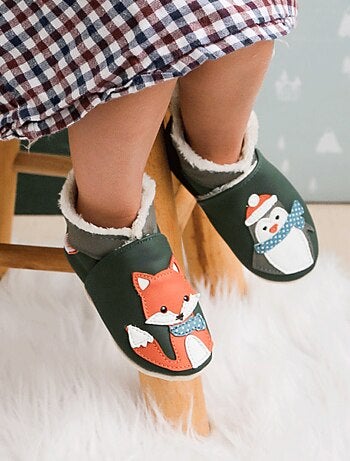 Chaussons cuir souple fourrés Robin et Corentin en hiver