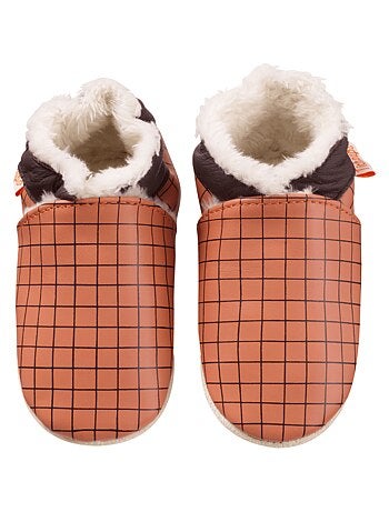 Chaussons cuir souple fourrés Théo les carreaux