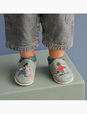 Chaussons cuir souple petit ours brun