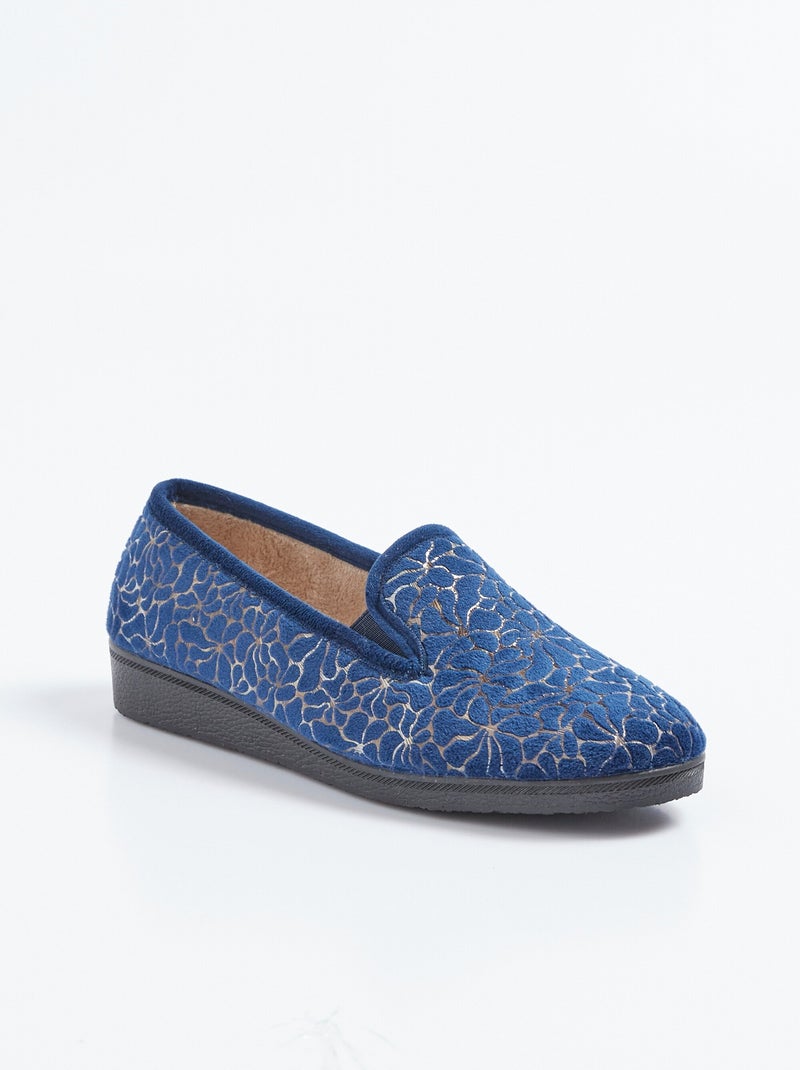 Chaussons élastiqués grande largeur intérieur duveteux Bleu marine - Kiabi