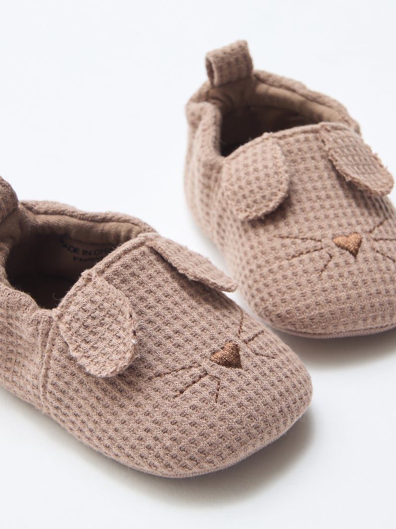 Chaussons en gaze de coton + oreilles animaux Marron - Kiabi