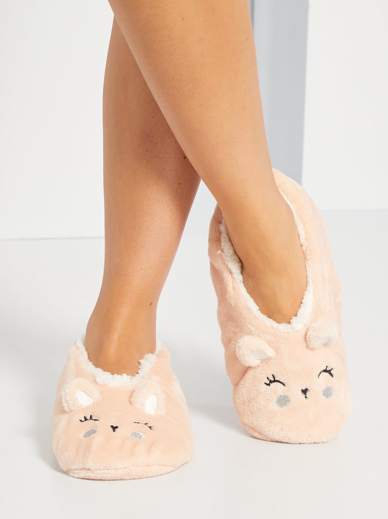 Chaussons fantaisie en maille peluche rose/souris - Kiabi