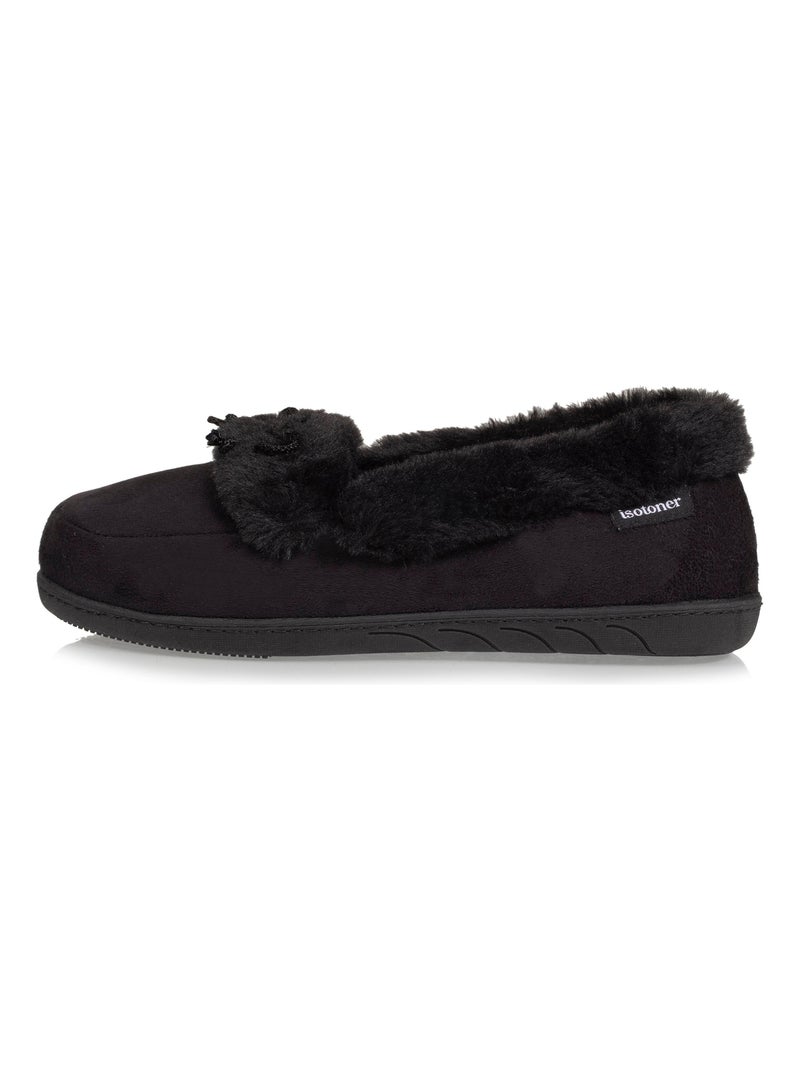 Chaussons mocassins en suédine et bordure imitation fourrure femme Isotoner Noir - Kiabi