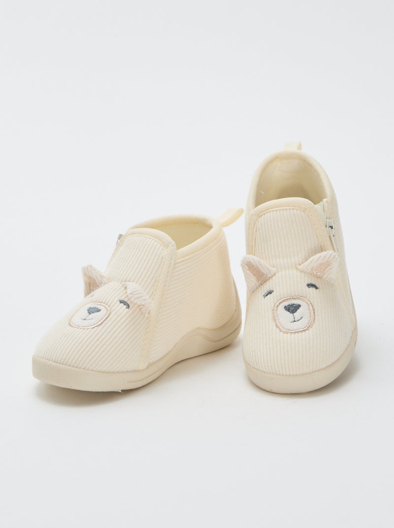 Chaussons montants en velours côtelé avec animation 'ourson' Beige - Kiabi