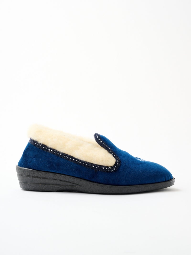 Chaussons montants largeur confort fourré laine brodé - Afibel Bleu - Kiabi