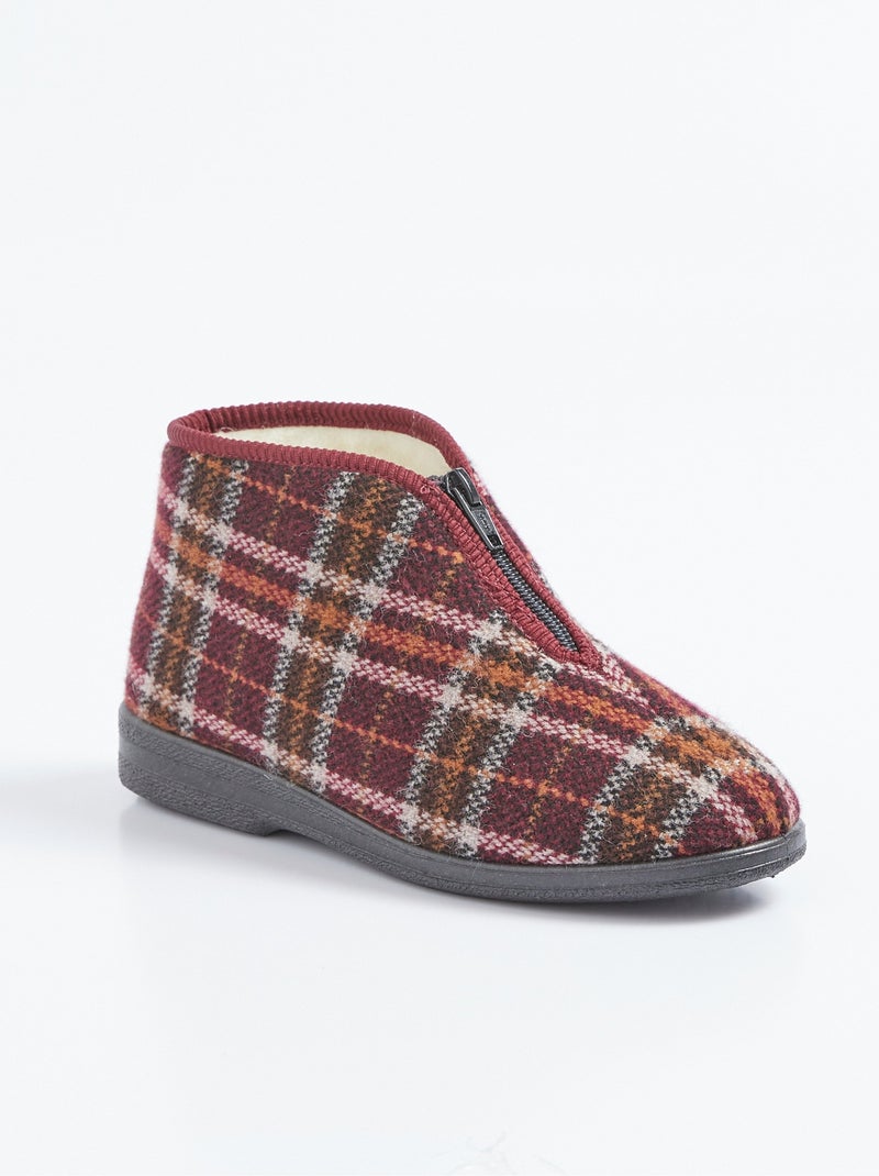 Chaussons montants zippés fourrés largeur confort écossais Bordeaux - Kiabi