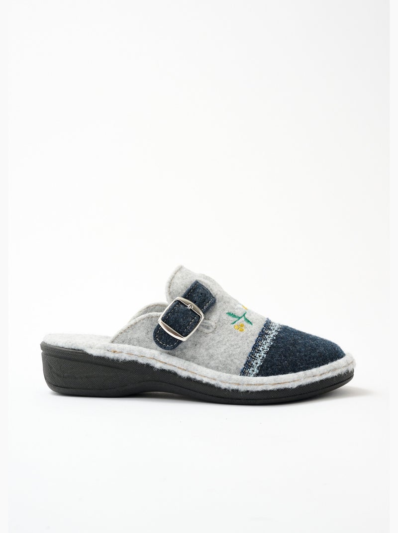 Chaussons mules brodés largeur confort - Afibel Gris Bleu marine - Kiabi