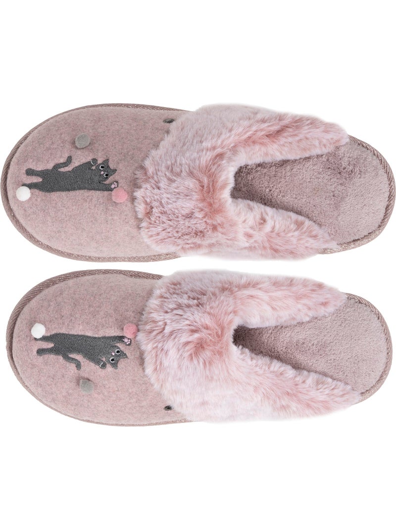 Chaussons mules chat fantaisie confort moelleux femme isotoner Rose poudré - Kiabi