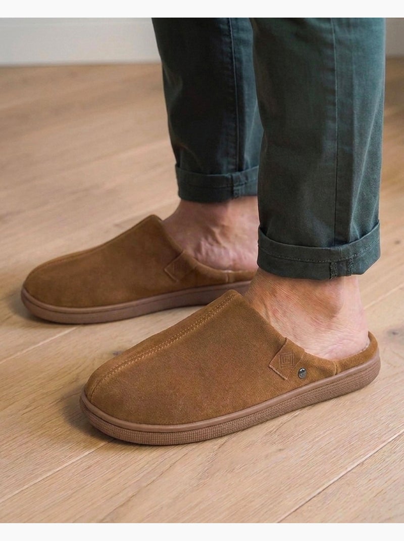Chaussons mules cuir extra confort homme Camel - Kiabi