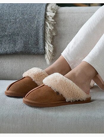 Chaussons mules cuir fourré chaud femme