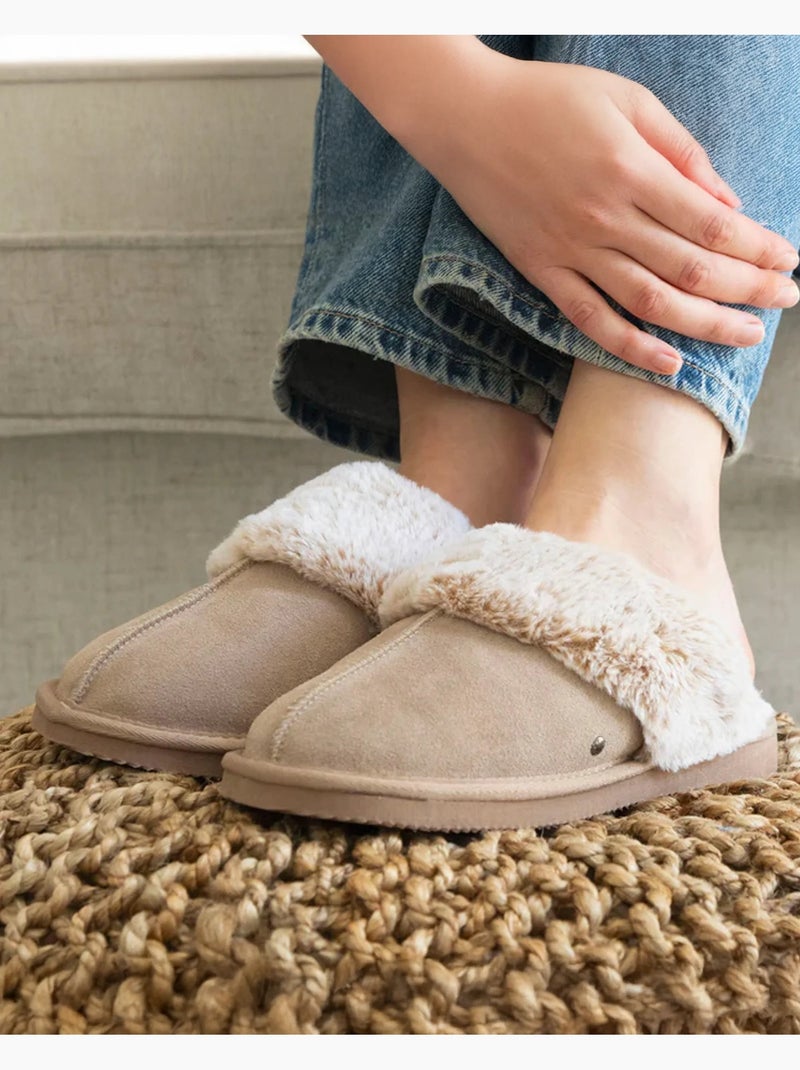 Chaussons mules cuir fourré chaud femme isotoner Beige - Kiabi