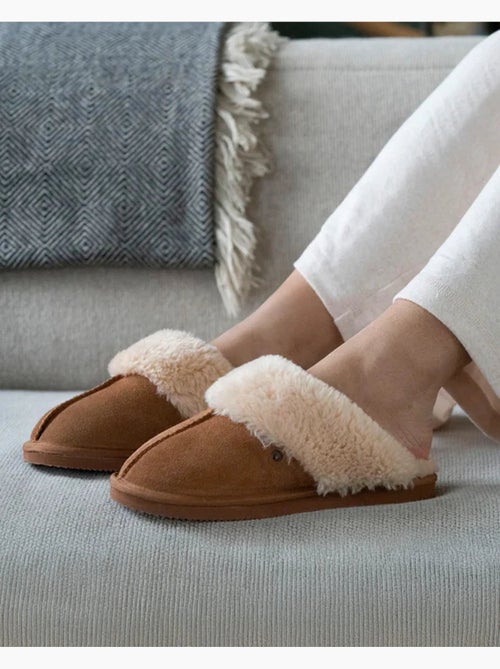 Chaussons mules cuir fourré chaud femme isotoner - Kiabi