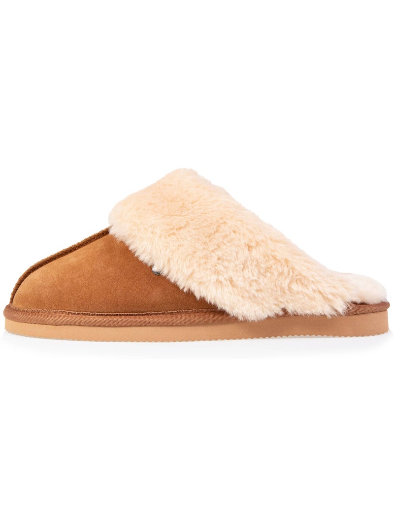 Chaussons mules cuir fourré chaud femme isotoner Camel - Kiabi